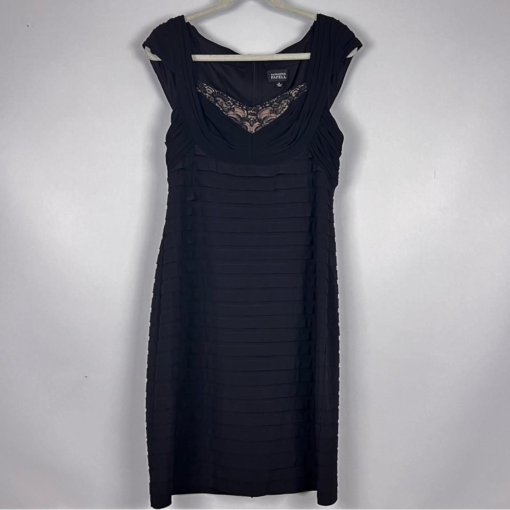 Adrianna Papell Black Ruffle Dress With Lace Balconette Neckline 14 Cap Sleeve
